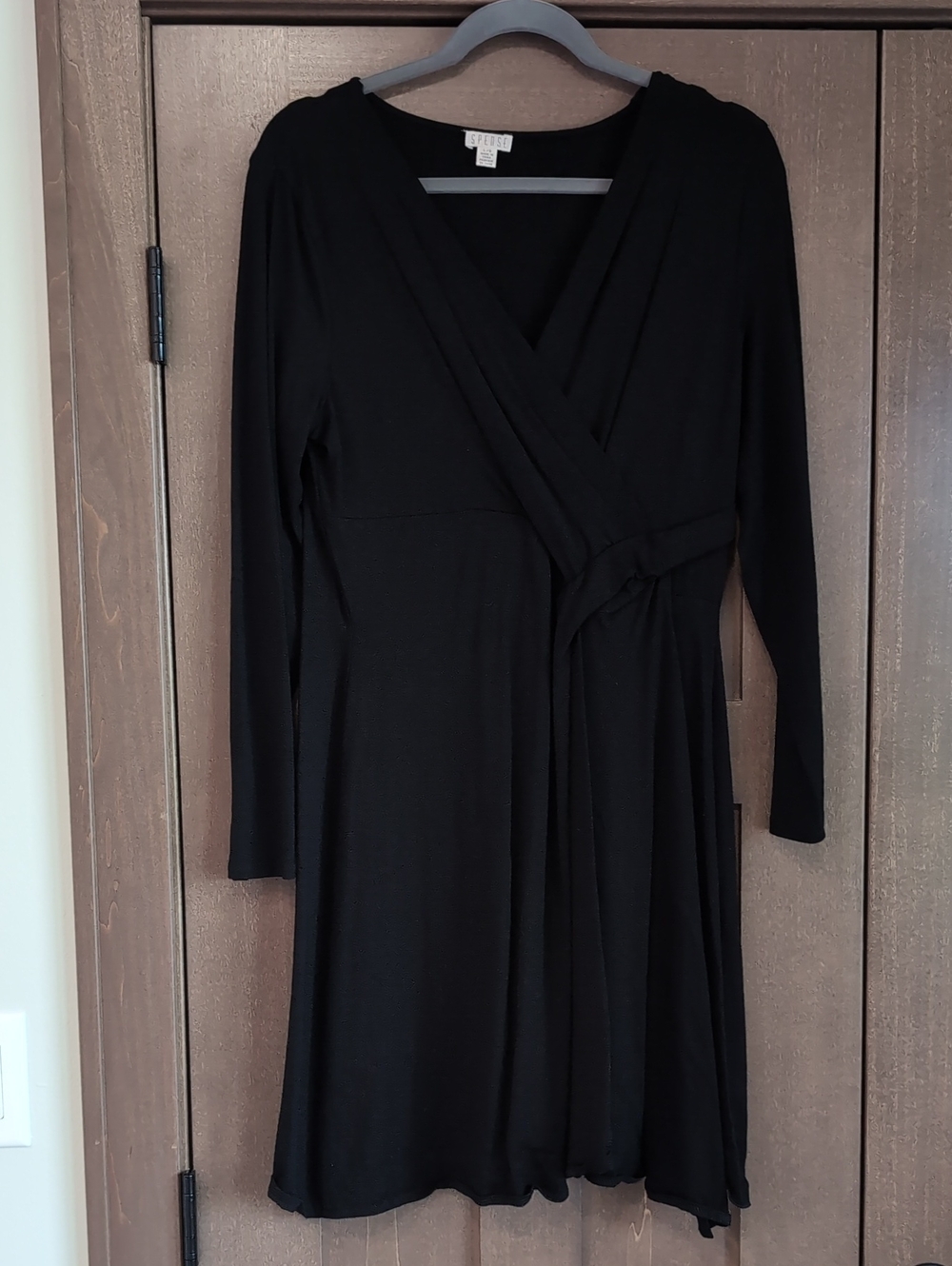 Spense Black Long Sleeve Wrap Midi Dress with Side Tie